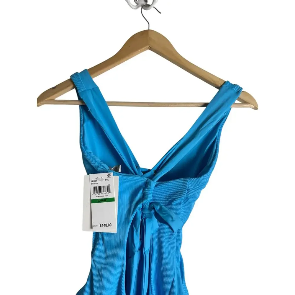 Becca Gia Waterfall Blue Strappy Lace Up Plunge One Piece Swimsuit Size Large
